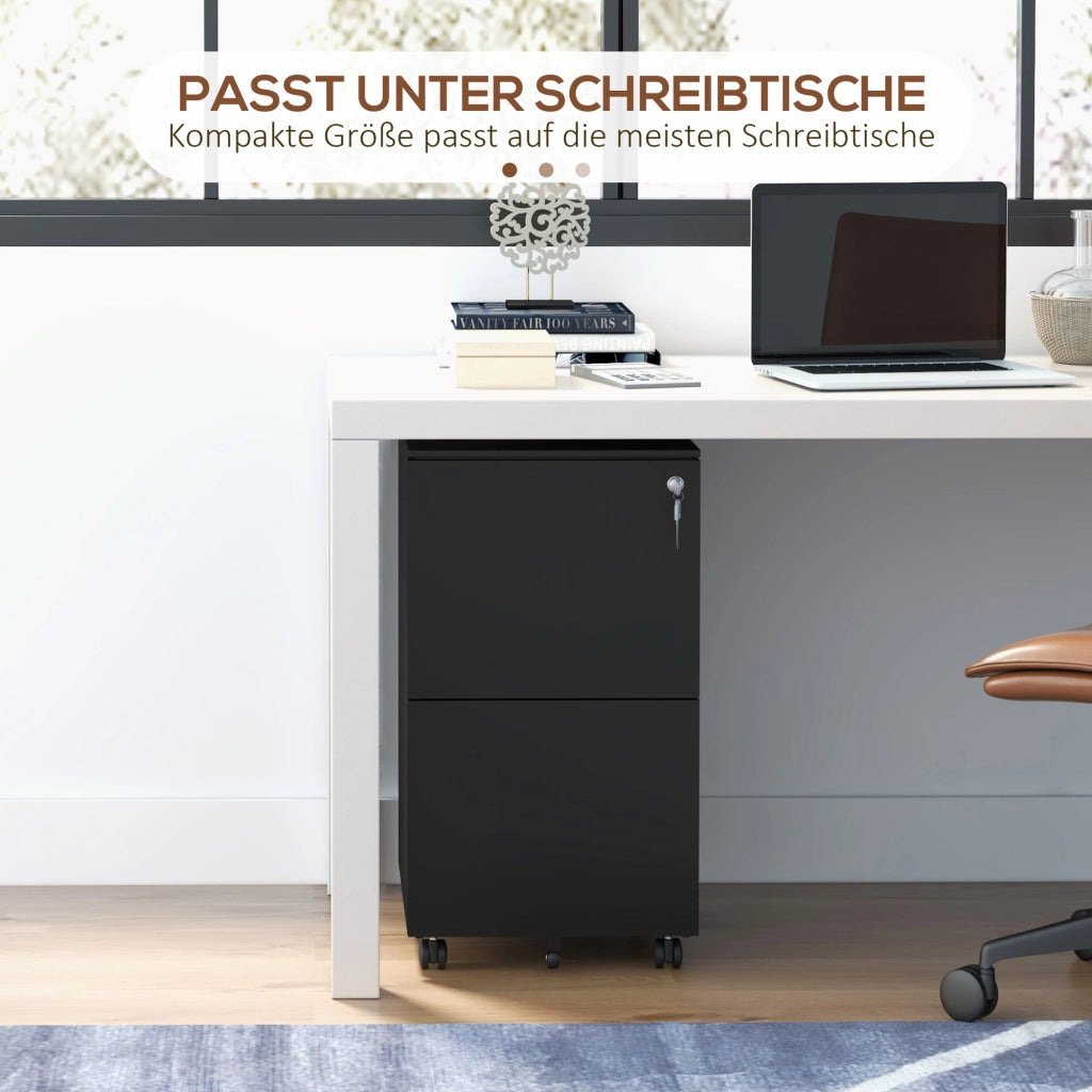 Mobiletto portadocumenti nero con ruote, dotato di 2 cassetti con serratura e rotelle in acciaio, dimensioni 37x43,5x67,5 cm, ideale per ufficio e