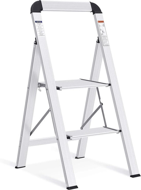 Scala a 2 gradini - Trappola per cucina pieghevole - Utilizzo domestico - Design ultra spesso - Peso massimo 150kg - Argento