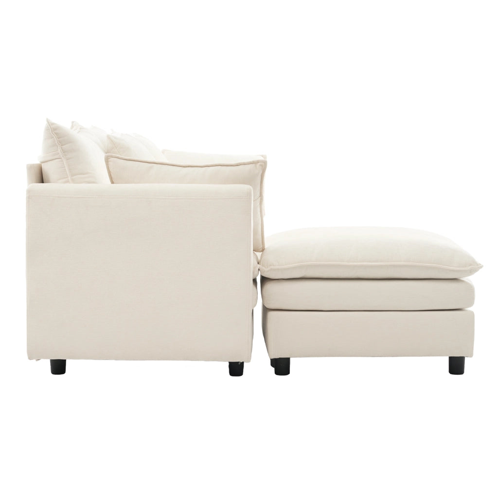 Divano angolare 3 posti in ciniglia beige con chaise longue mobile, 212x150x90 cm