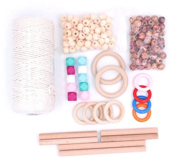 Kit di inizio per macramè - Maniglione per piante in macramè - Filo di cotone - Anelli di legno - Kit di fai da te artigianale - Adatto per principianti - Kit di attività manuali
