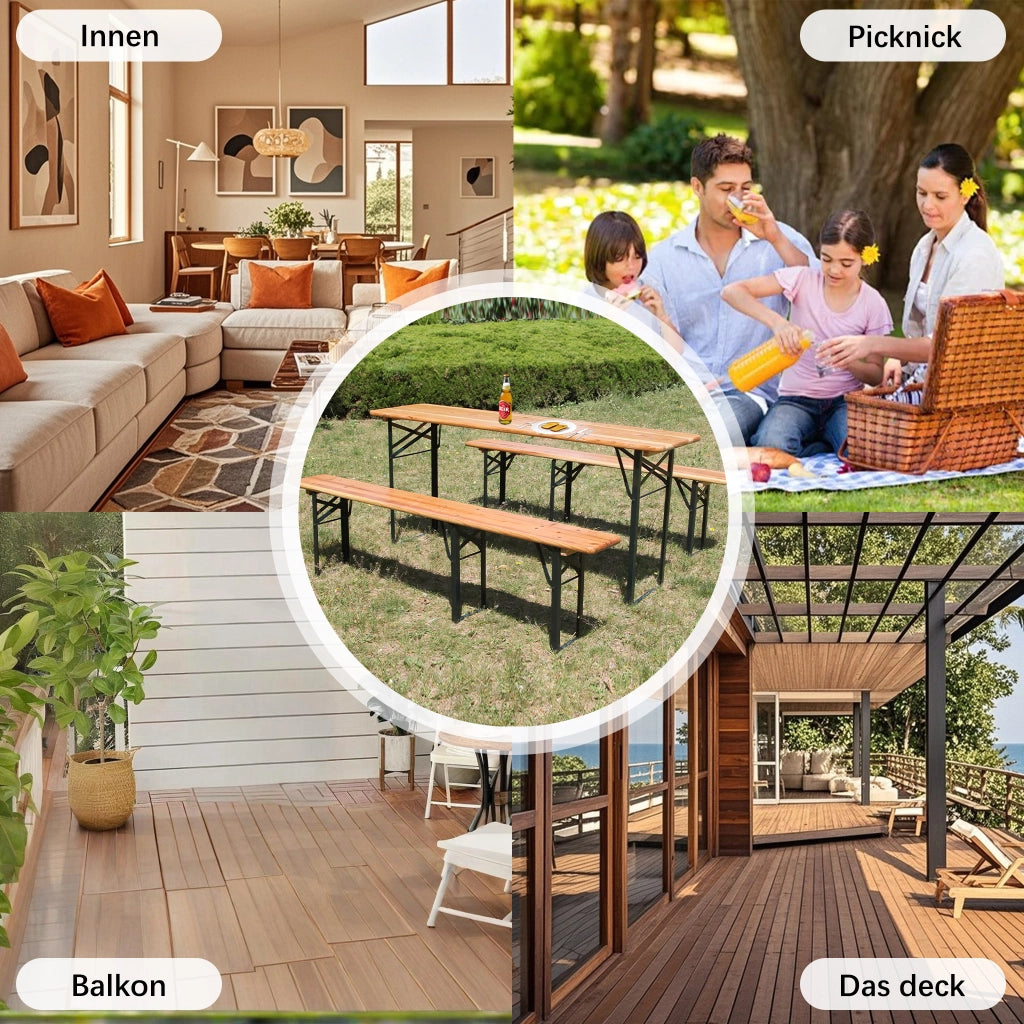 Set Tavolo e Sedie da Giardino con 1 Tavolo Pieghevole e 2 Panche Pieghevoli; Legno e Metallo; Naturale
