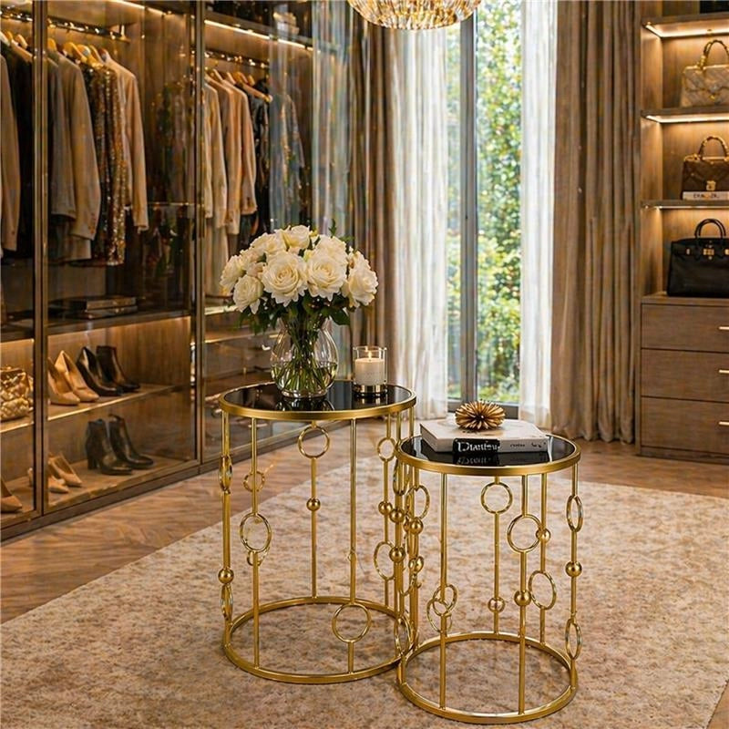 2 TAVOLINI TONDI METALLO COLOR ORO E TOP IN VETRO MISURE 38X55CM/ 33X50CM