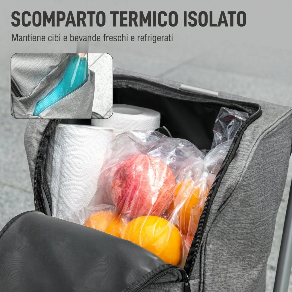 Carrello Spesa Pieghevole 44x58x100 cm Borsa da 46L con Ruote Scomparto Refrigerato in Alluminio Grigio