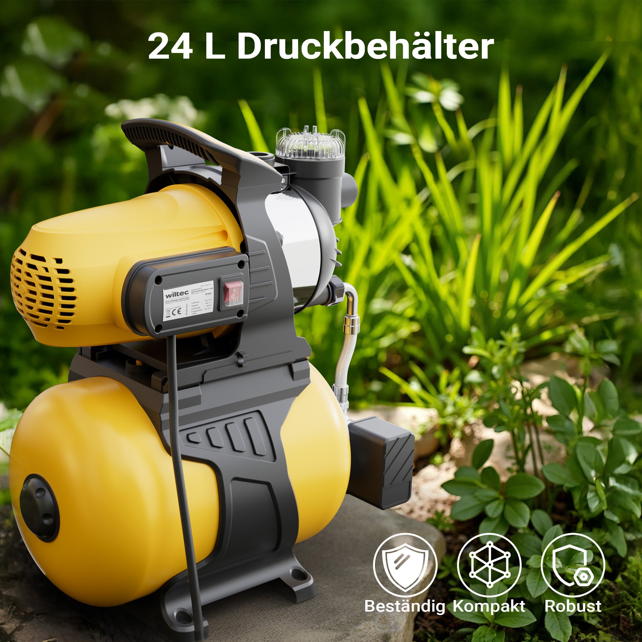 Autoclave con serbatoio uso domestico a membrana, 24 l, 1300 W, pompa per acqua automatica da 5000 l/h con pressostato e prefiltro, prevalenza 50 m, profondità di aspirazione di 8 m