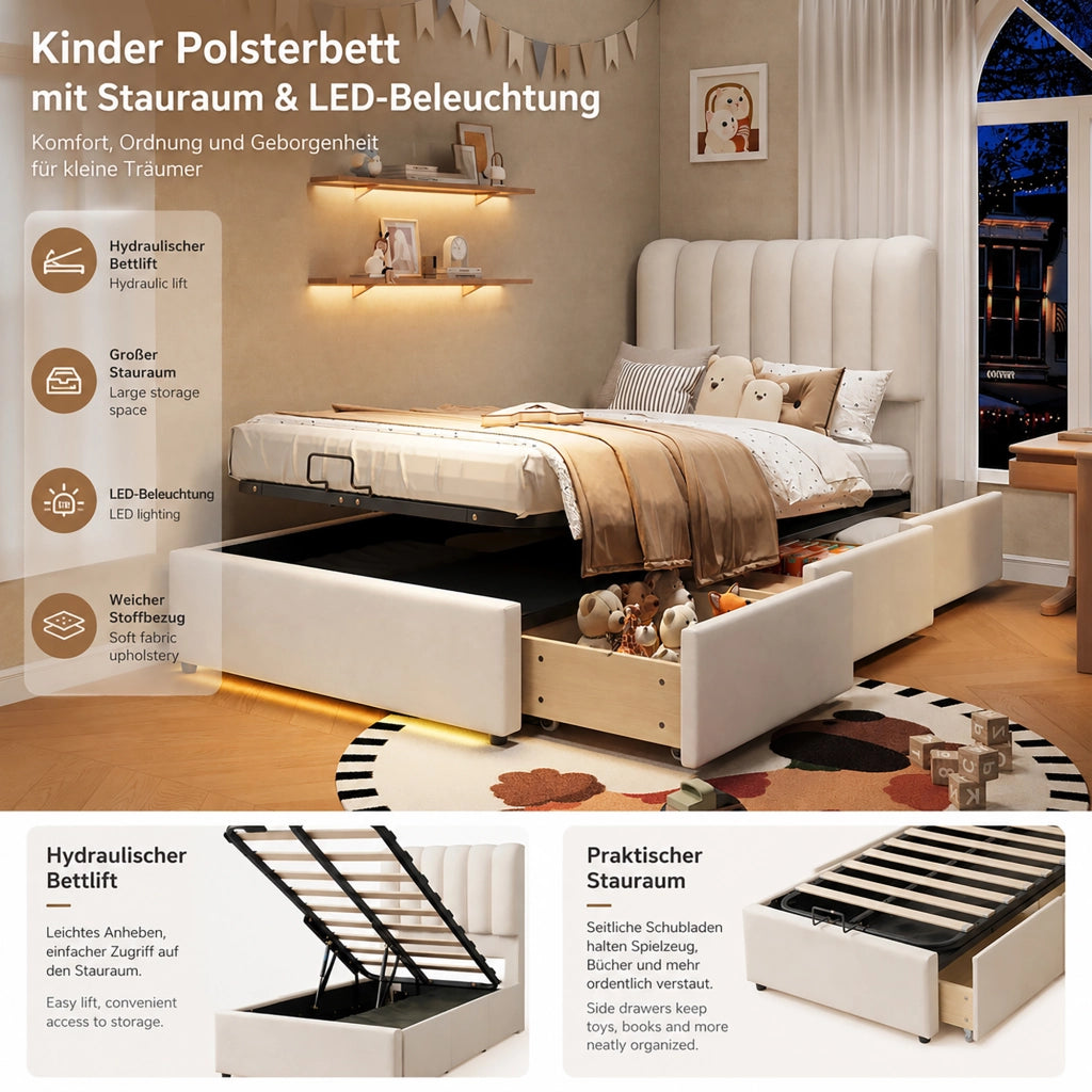 Letto per bambini contenitore 90 × 200 cm con 3 cassetti, LED, senza materasso, in velluto, beige