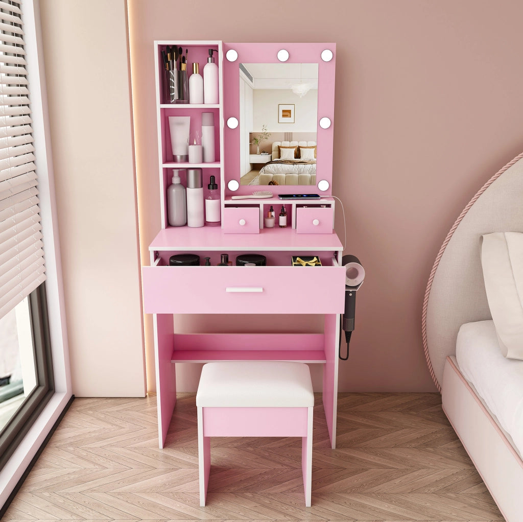 Toeletta con specchio LED, presa, cassetti e sgabello imbottito rosa