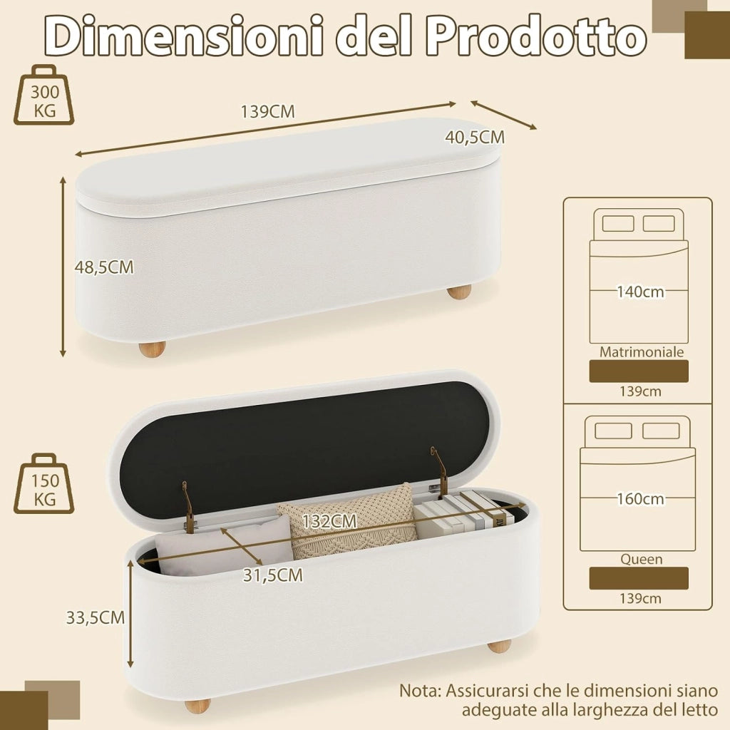 Panca Contenitore, Poggiapiedi Imbottito 139 cm con Coperchio Ribaltabile, Gambe in Legno, Panca Ottomana per Camera da Letto, Soggiorno, Portata 300 kg, Beige