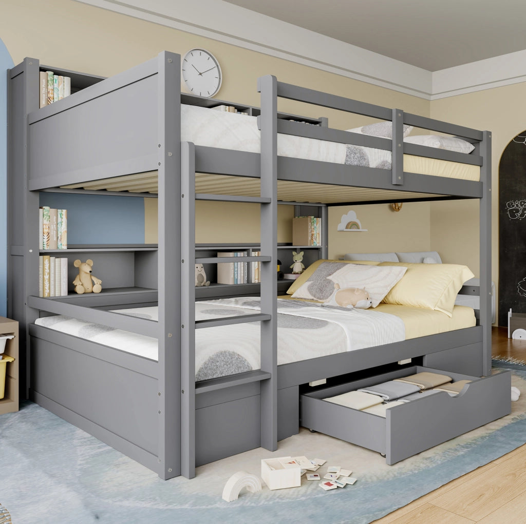 Letto a castello 90x200 cm grigio in legno con cassetto e ripiani
