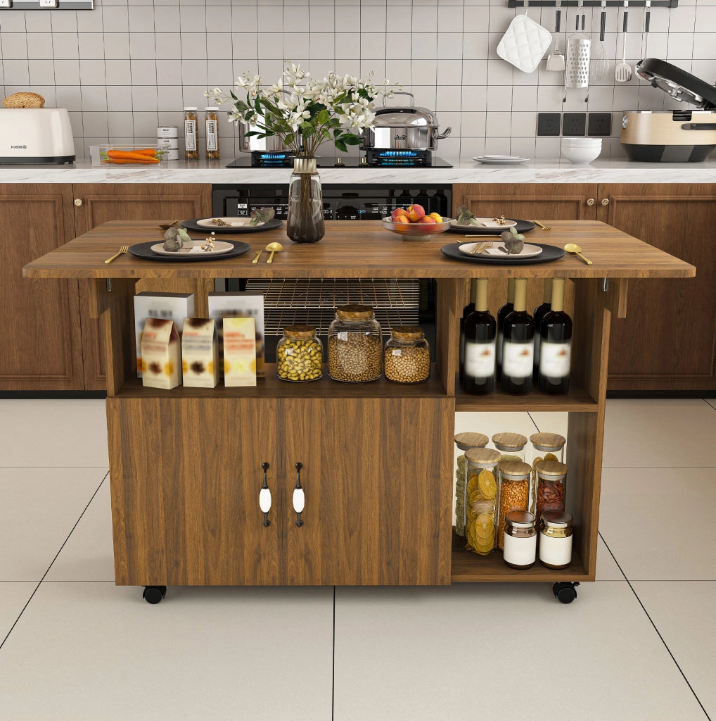 Tavolo pieghevole multifunzione 110x70 cm in MDF effetto noce; con ruote e vani contenitori