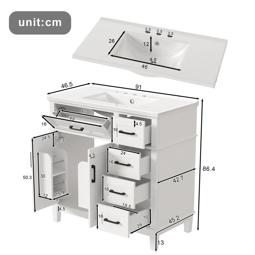 Mobile Bagno con Lavabo in Ceramica e Cassetti ¨C Xylo ¨C Bianco, Gambe in Massello, 90x46x87