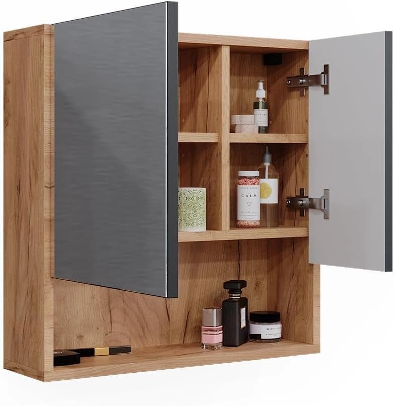Mobile a specchio per il bagno Irma, Antracite puntinato, 54 x 55 cm, per montaggio a parete con specchio e vani a giorno