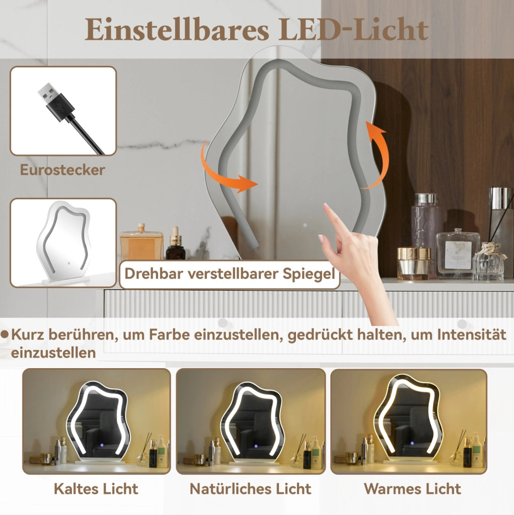 Tavolo da trucco bianco con specchio LED dimmerabile e 5 cassetti, 100x40x76 cm