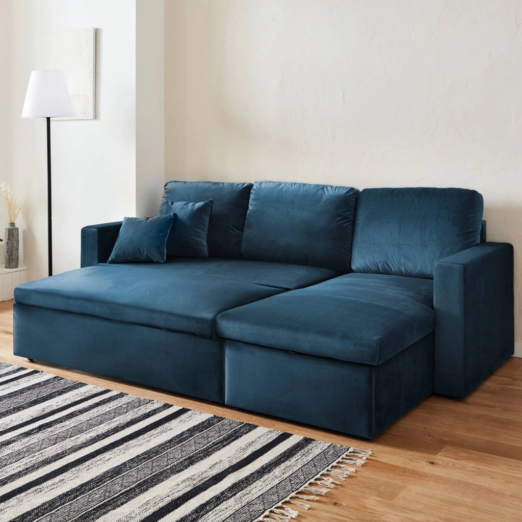 Divano letto angolare reversibile in velluto, 3 posti, blu