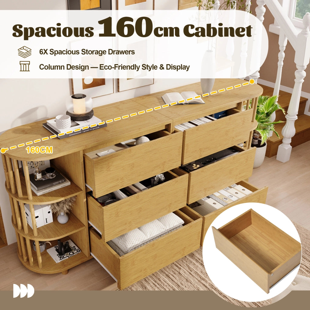 Comò sideboard 160 cm in rovere con 6 cassetti e ripiani laterali in bambù; 75x160x40 cm