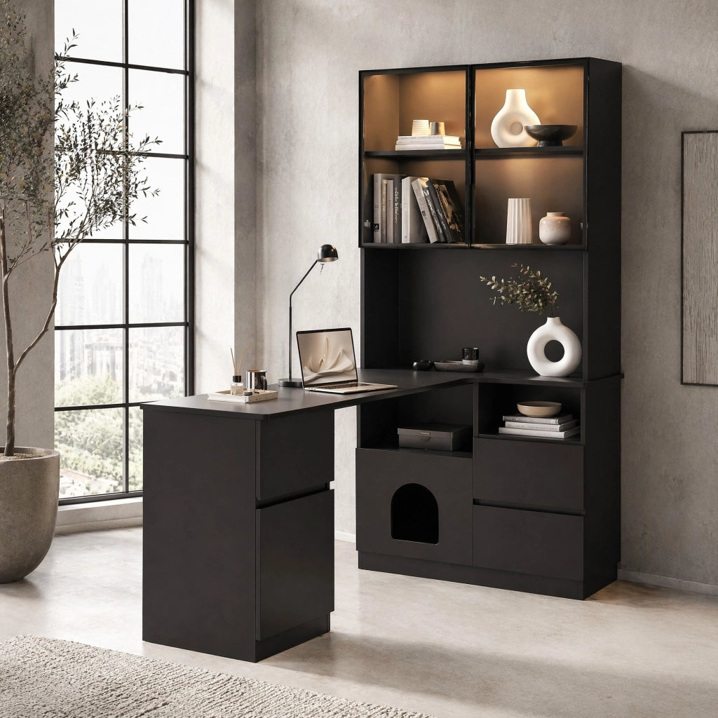 Scrivania ad angolo 120×80×180 cm con libreria integrata e vetrina LED, 3 cassetti, 2 ante, nero