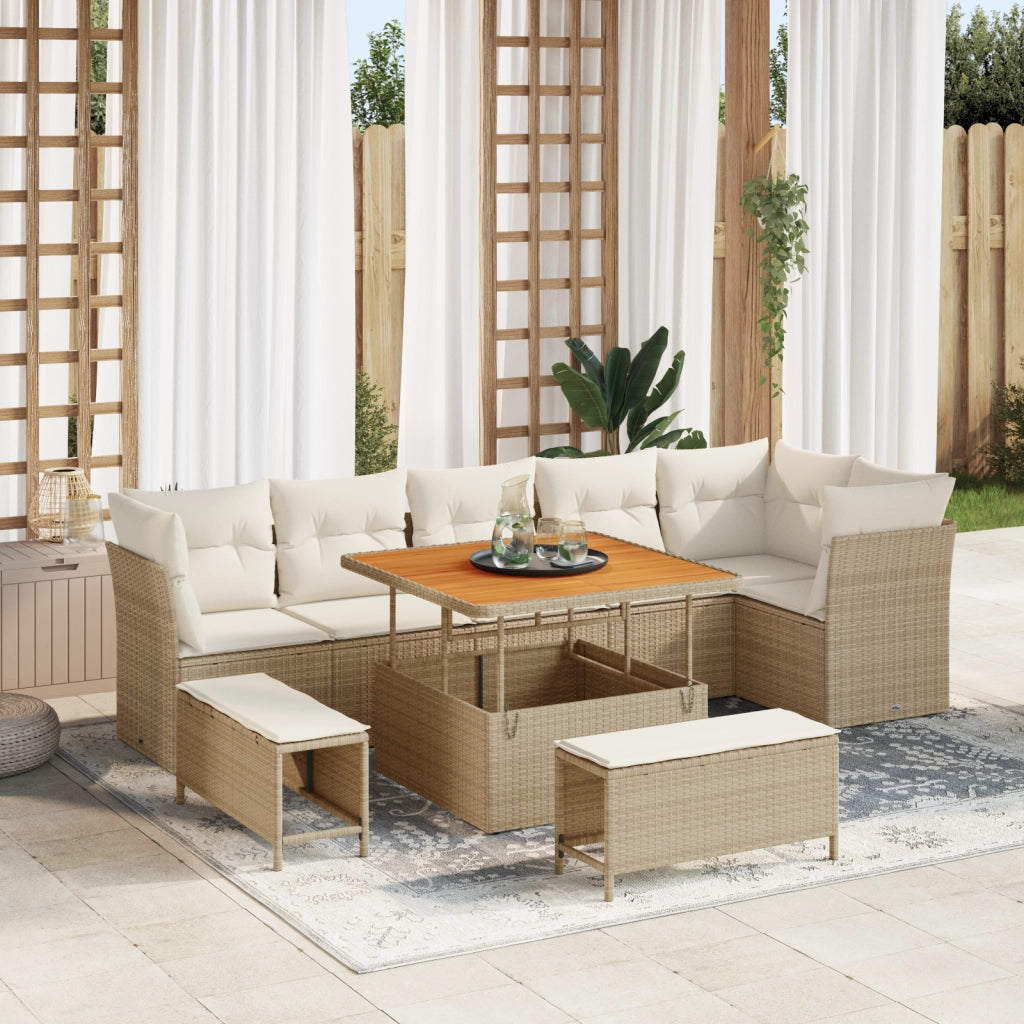 Set divano da giardino 9 pezzi con cuscini beige in rattan poliestere acacia