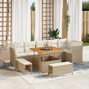 Set divano da giardino 9 pezzi con cuscini beige in rattan poliestere acacia