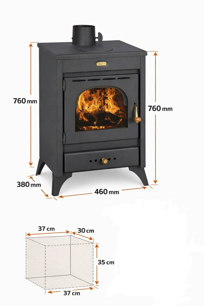 STUFA A LEGNA MODELLO KIR 9-12KW volume riscaldabile 230mc. Cm 46x38x75h
