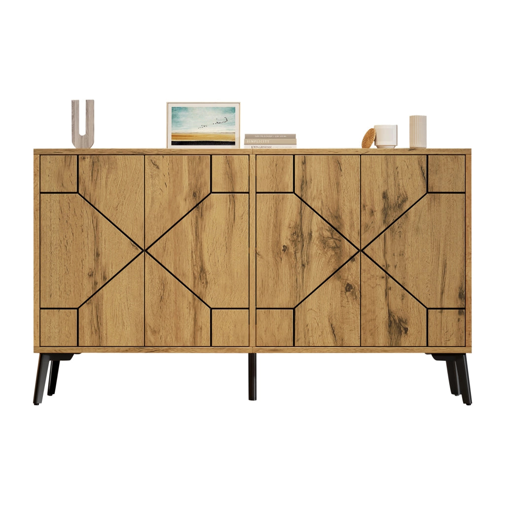 Credenza e madia con 4 ante e 4 vani, chiusura push-open, per soggiorno e cucina, in MDF, naturale, 120 × 35 × 69 cm
