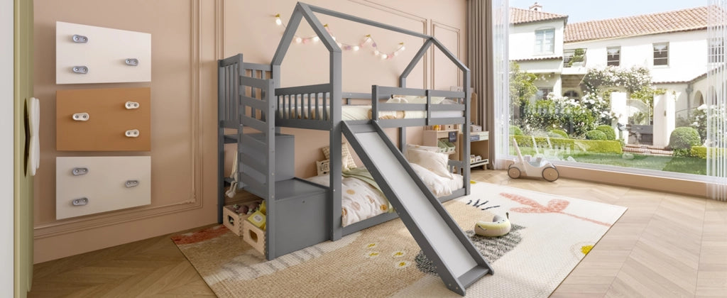 DESMIU Letto a castello 90 × 200 cm 2 posti con scala contenitore e scivolo, senza materasso, in legno e MDF, grigio