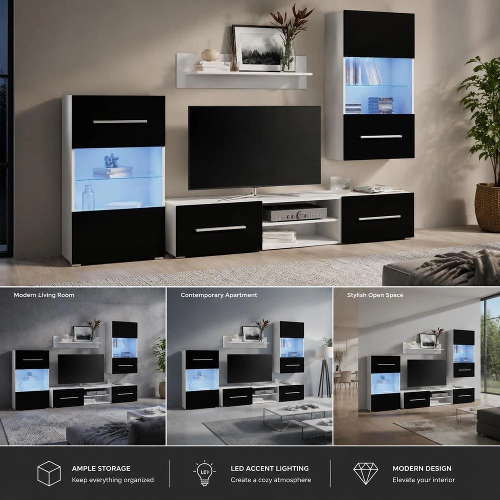 Five-piece Wall Unit TV Cabinet With LED Lighting Black