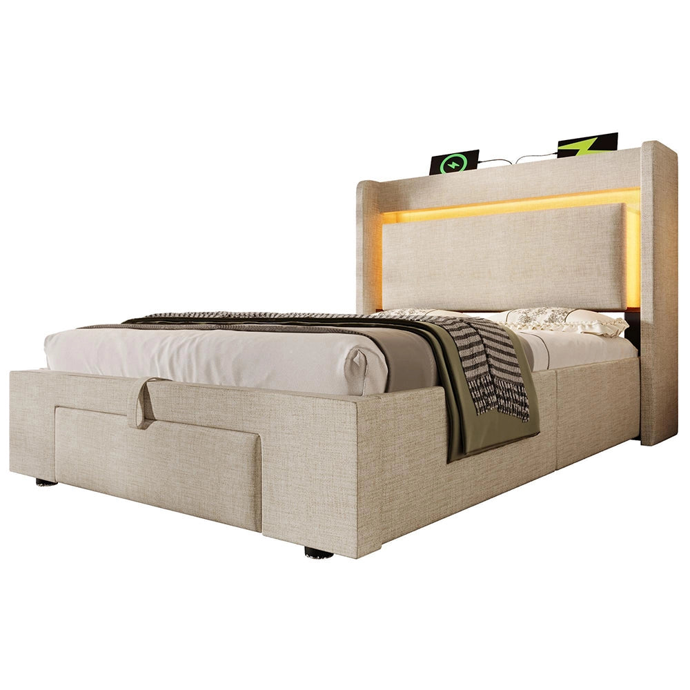 Letto imbottito 90x200 cm - Xylo - Beige, lino, testiera con illuminazione LED, porte USB/USB-C, spazio idraulico