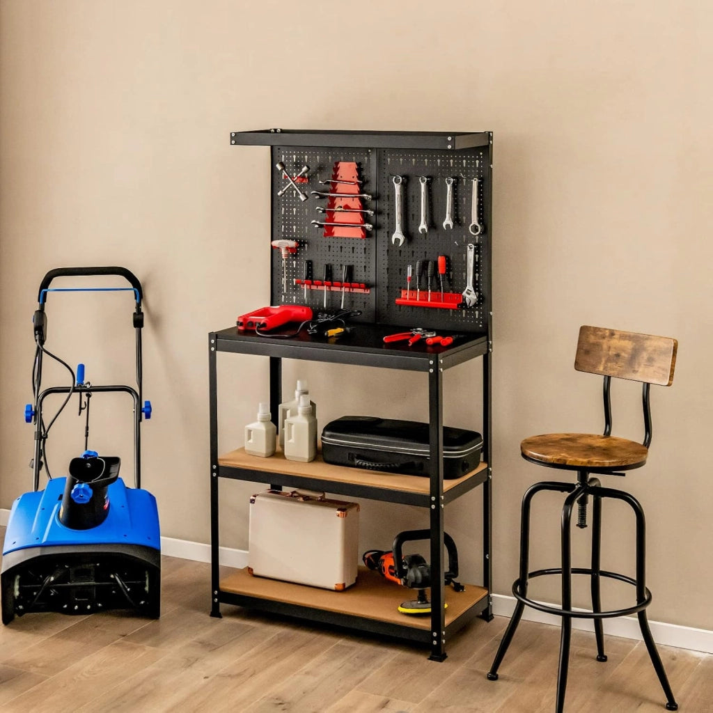 Banco da Lavoro, in Metallo e MDF, con 3 Ripiani, 13 Accessori da Appendere, 80,5 x 41x 155cm, per Garage, Casa, Officina e Magazzino