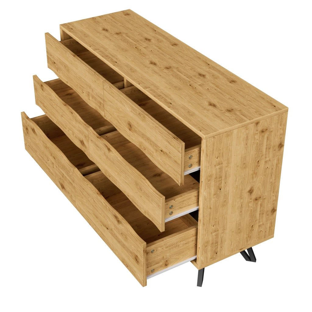 Credenza con 6 Cassetti; Frontali Ondulati e Piedini in Metallo; Stile Moderno; in Pannello Truciolare; Legno; 120??40??75;5 cm