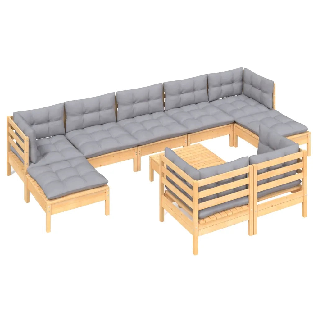Set Divani da Giardino 10 pz con Cuscini Grigi Massello di Pino 3097132