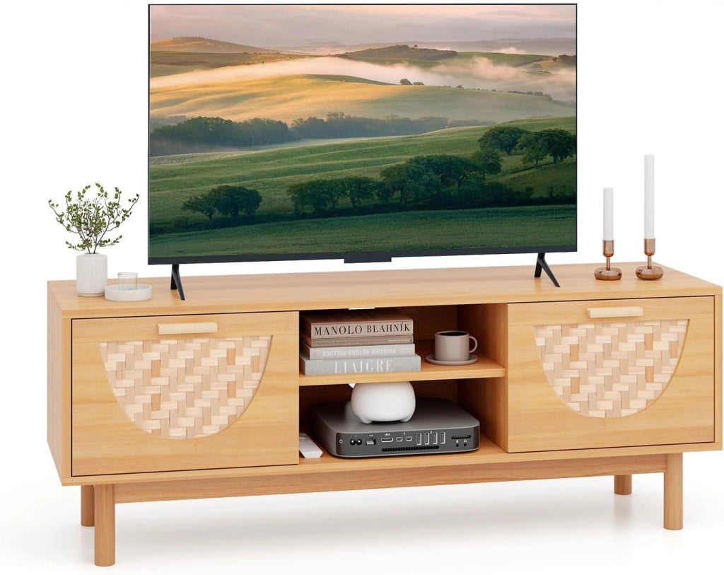 Mobile TV in legno per TV fino a 55", gambe in legno massello, panca TV con 2 cassetti e ripiano aperto a 2 livelli, stile Boemia, 120 x 35 x 45,5 cm, naturale