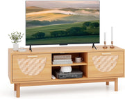 Mobile TV in legno per TV fino a 55", gambe in legno massello, panca TV con 2 cassetti e ripiano aperto a 2 livelli, stile Boemia, 120 x 35 x 45,5 cm, naturale