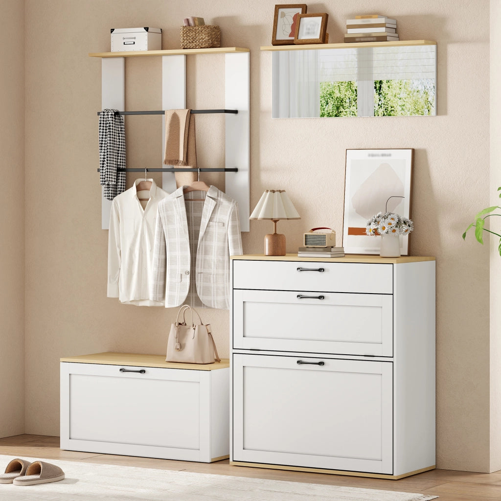 Set ingresso modulare con scarpiera, panca, specchio e appendiabiti, 156x36x176 cm, bianco e legno naturale