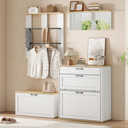 Set ingresso modulare con scarpiera, panca, specchio e appendiabiti, 156x36x176 cm, bianco e legno naturale