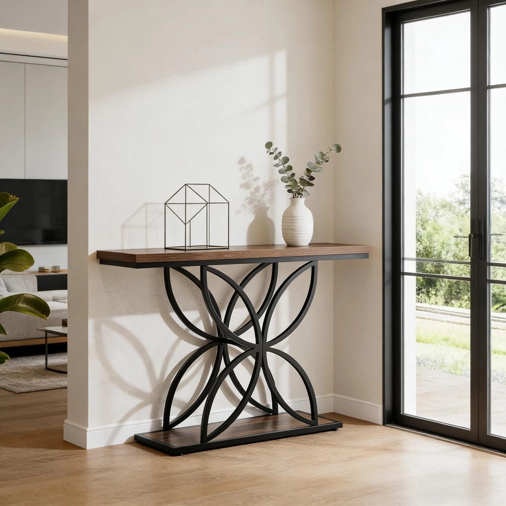 Consolle con base in metallo a farfalla e piano in MDF; stile industriale; per ingresso e soggiorno; 134×36.5×18 cm