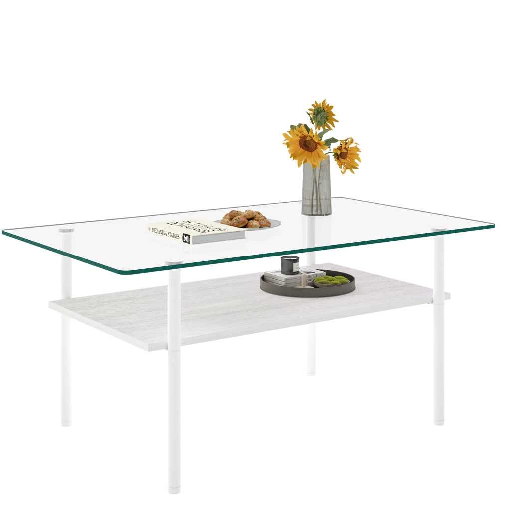 Tavolino da caffè 98x58x45 cm con piano in vetro temperato e ripiano in MDF; metallo bianco