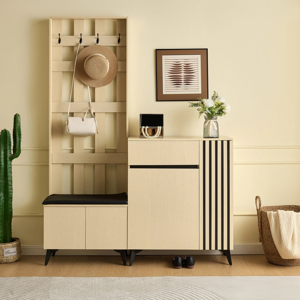 Mobile da ingresso con panca, appendiabiti e credenza con 2 ante, 1 cassetto e ripiani regolabili in MDF effetto legno