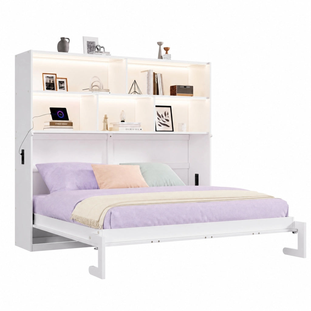 Letto trasformabile singolo 90x200 cm con vano contenitore, LED, prese USB/Type-C, bianco