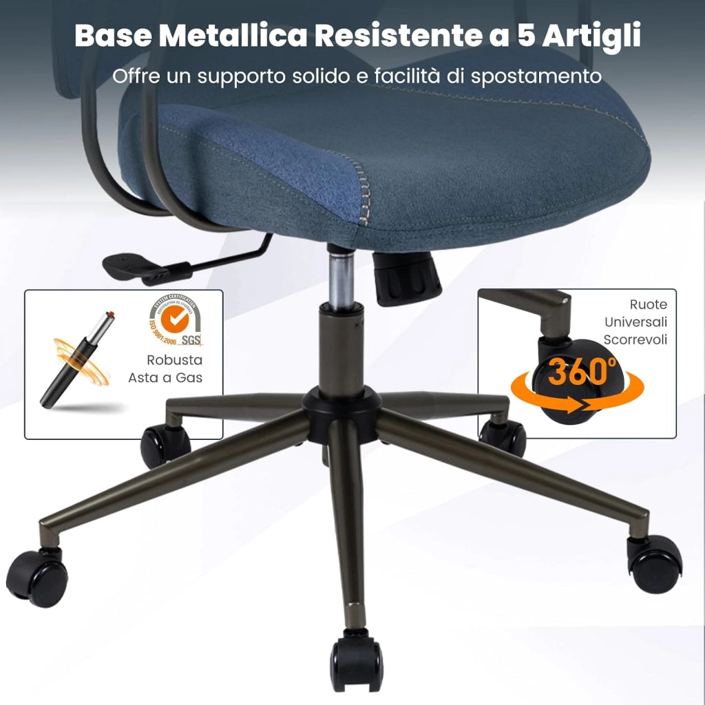 Sedia da Ufficio Ergonomica, Sedia da Scrivania in Tessuto di Lino con Poggiatesta 2D, Schienale Oscillante e Ruote, Poltrona da Lavoro Regolabile Girevole, Portata 150 kg (Blu)