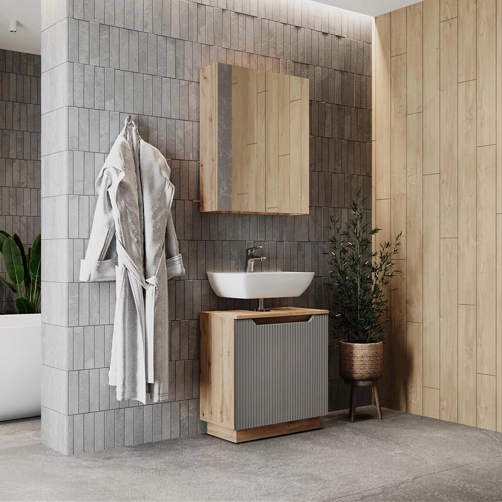 Set di mobili da bagno Lotta, Rovere/grigio a righe, 2 parti