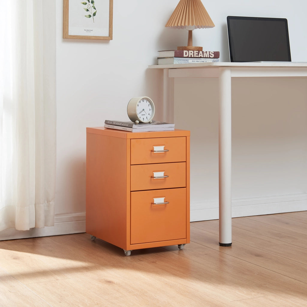 Cassettiera Kökar in Acciaio Mobile Archivio con 3 Cassetti e Rotelle - Arancione [en.casa]
