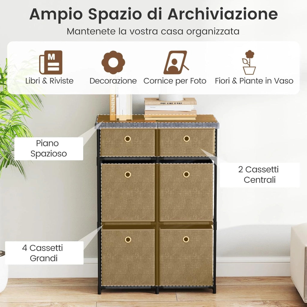 Comò con 6 Cassetti, Cassettiera in Tessuto con Struttura in Metallo e Legno, Armadietto Portaoggetti Salvaspazio, per Soggiorno, Camera da Letto e Corridoio (58 x 29 x 84 cm,Grigio)