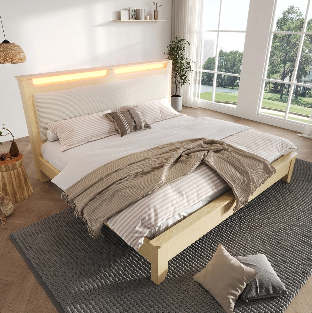 Letto matrimoniale 140x200 cm con LED e contenitore; beige e rovere chiaro