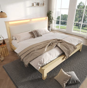 Letto matrimoniale 140x200 cm con LED e contenitore; beige e rovere chiaro