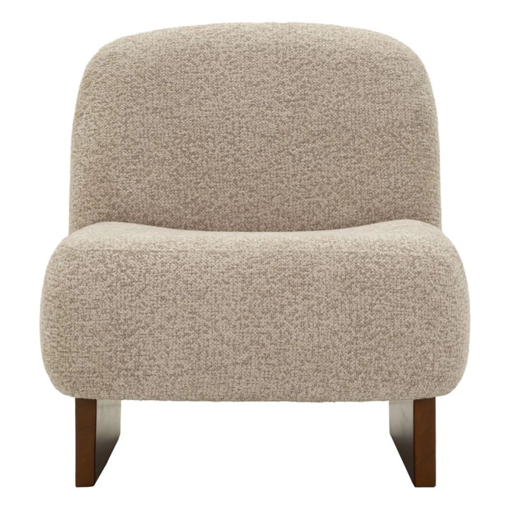 Poltrona Japandi in boucle' con base in legno scuro