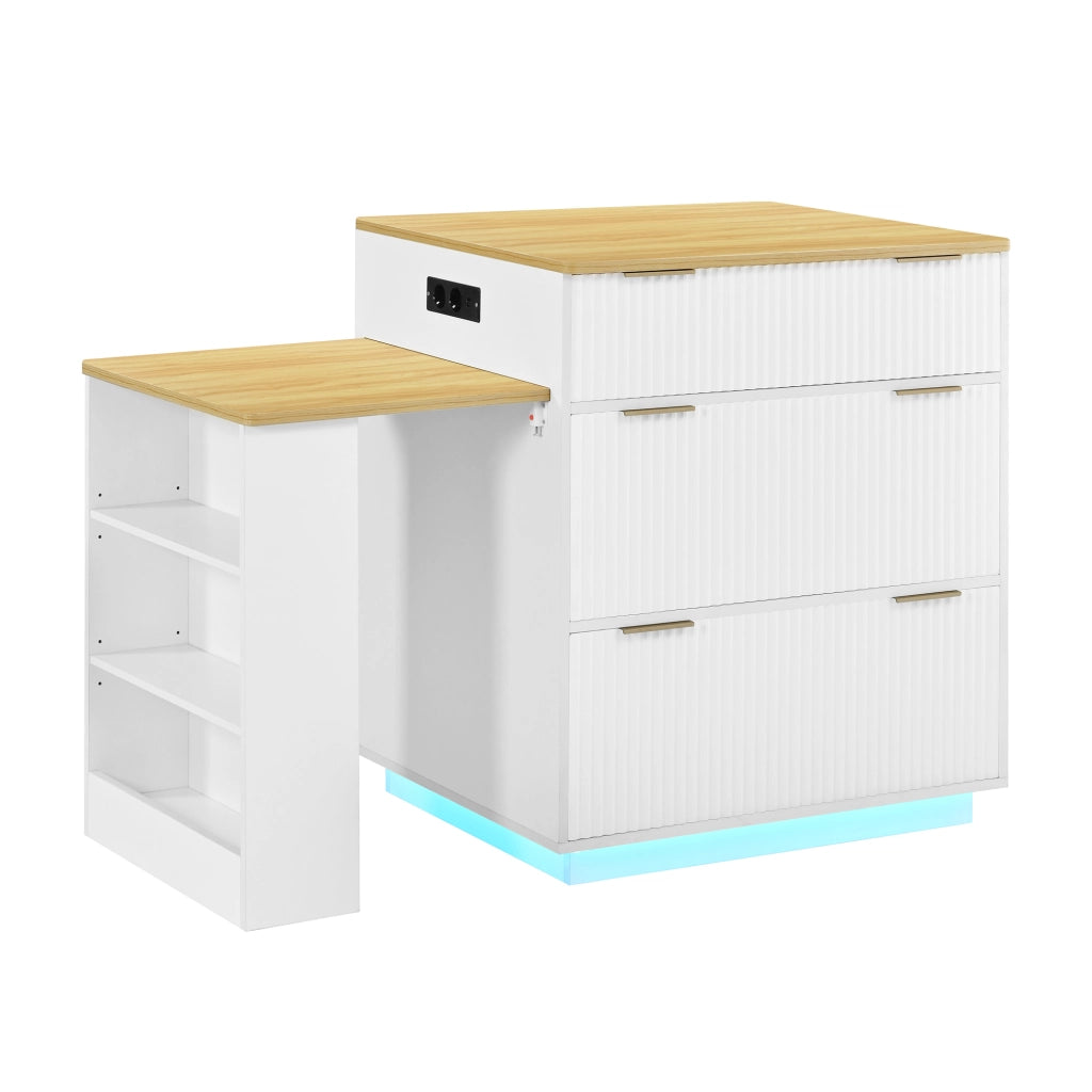 Tavolo da pranzo allungabile con 4 cassetti e 3 nicchie, LED e prese USB, per cucina e sala da pranzo, bianco