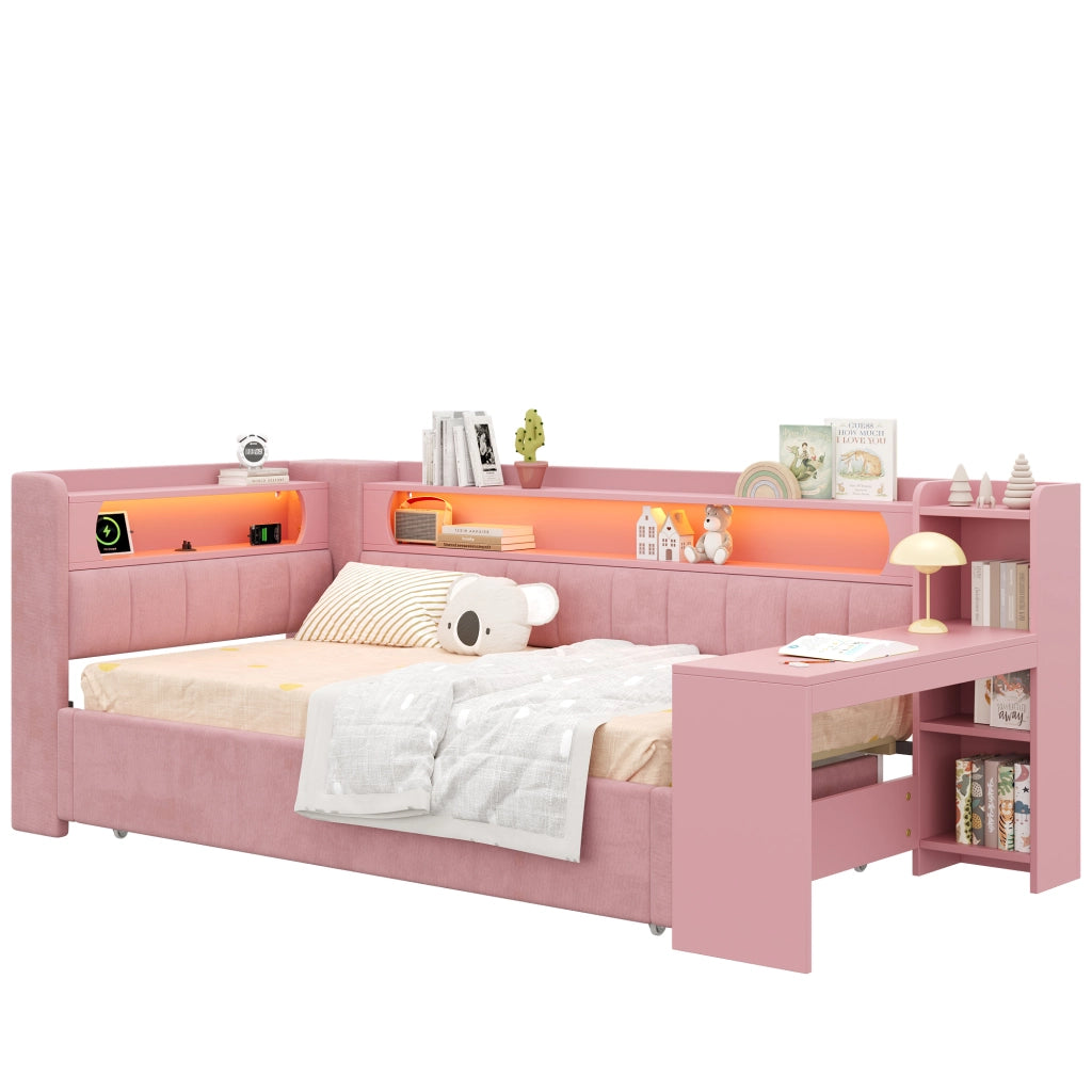 Letto singolo estraibile 90x200 cm con scrivania; LED e USB; rosa