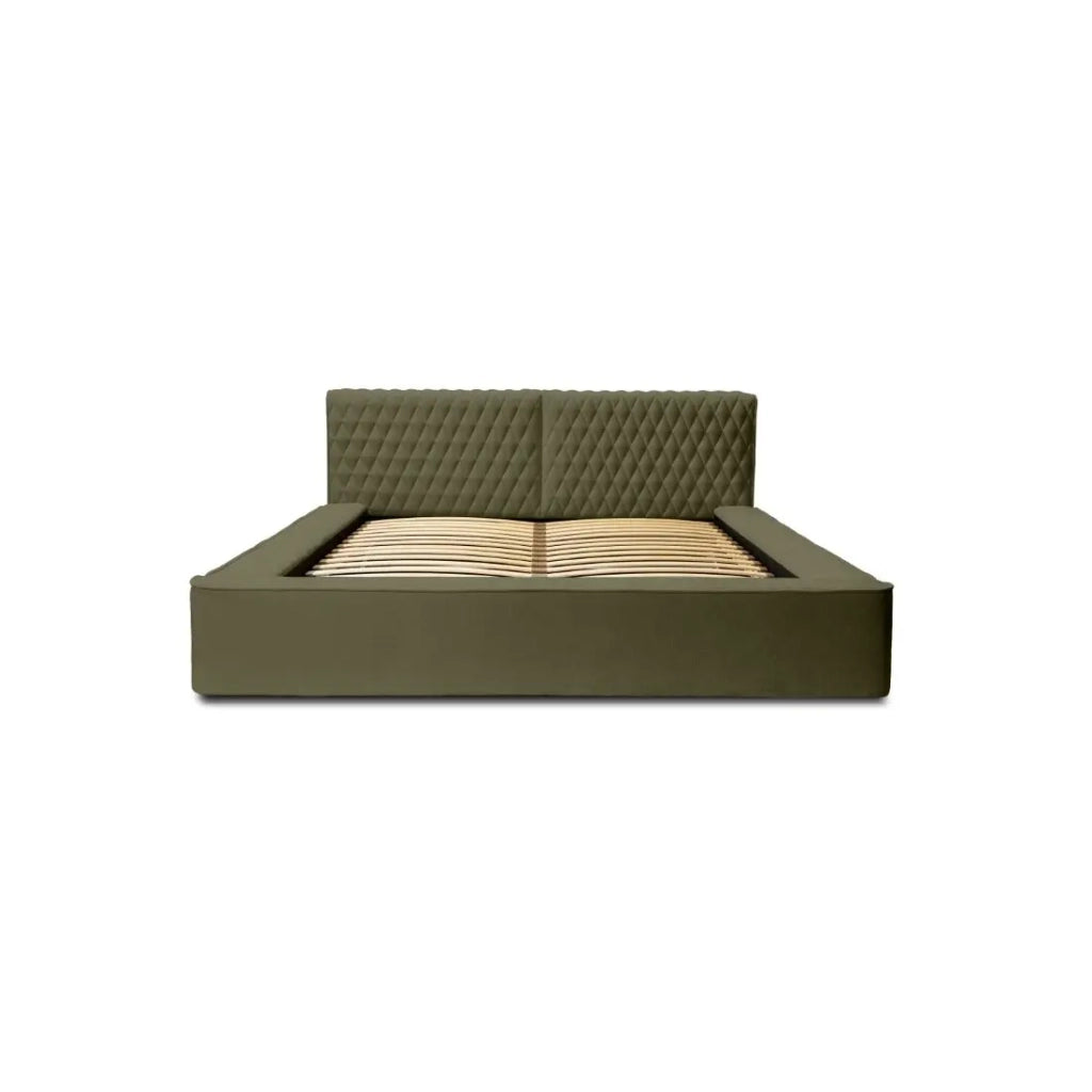 Letto contenitore VERNON – Tessuto bouclé di ciniglia Foglia d'olivo – 160x200 cm – Rete sollevabile – Design di alta gamma