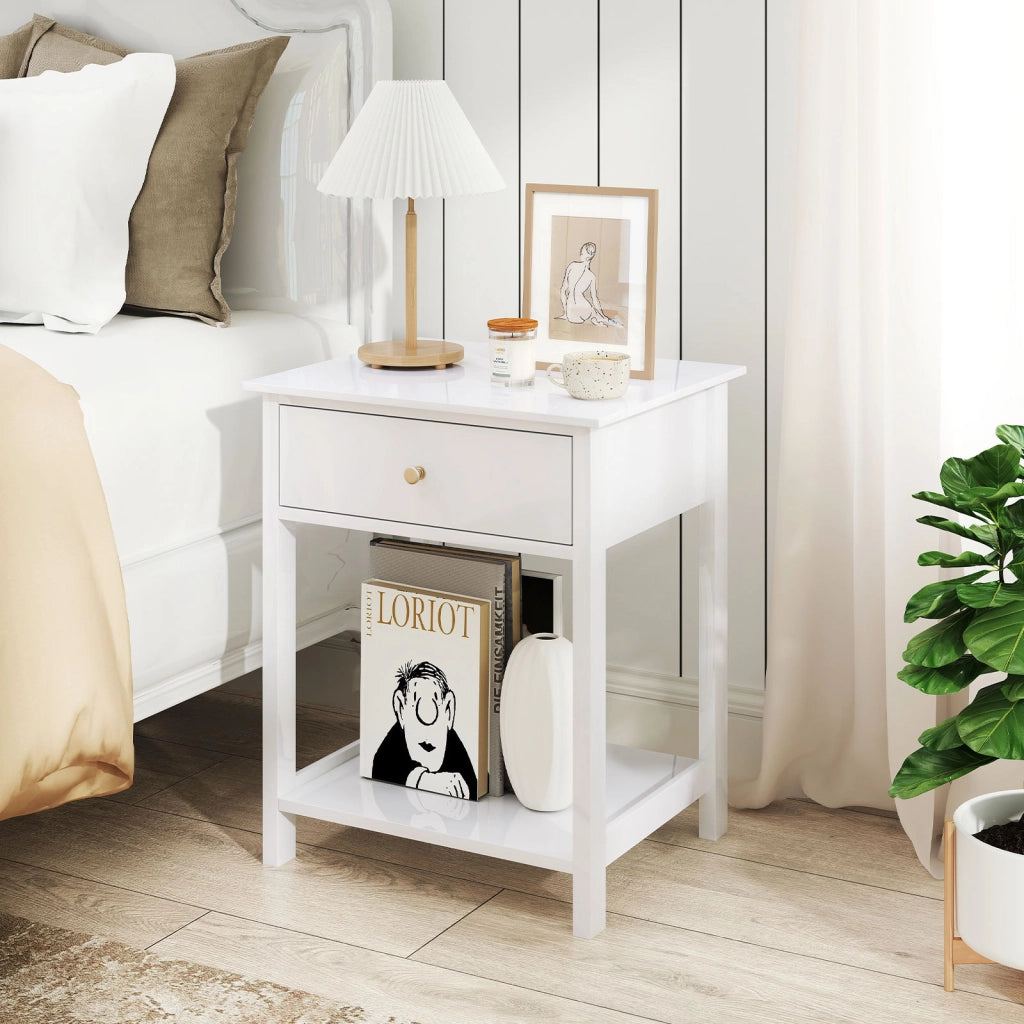 Comodino in legno con cassetto e scaffale aperto, Tavolino compatto per soggiorno con spazio di archiviazione Bianco