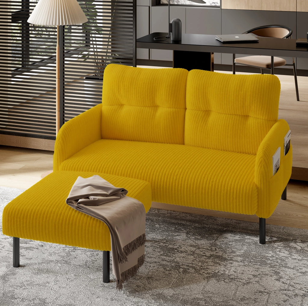 Pouf giallo in velluto a coste con struttura in metallo