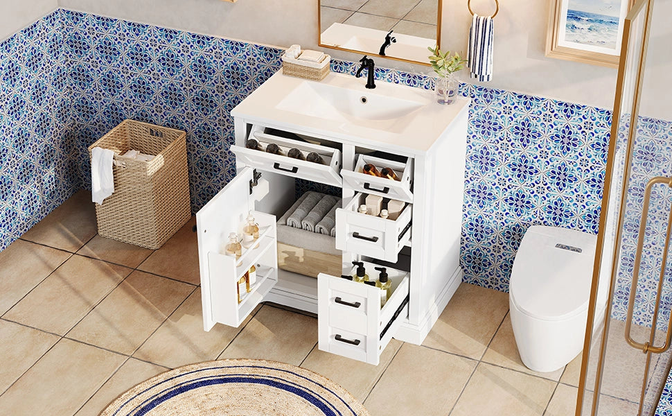 Mobile sottolavabo con 1 anta, 4 cassetti e lavabo in ceramica, per bagno, in MDF e ceramica, bianco, 76 × 47 × 82 cm